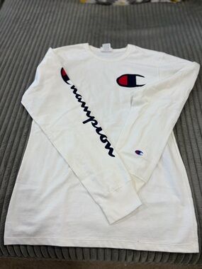 Champion White Long Sleeve Tee with Navy and Red Logos